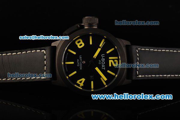 U-Boat Italo Fontana Left Hook Automatic Movement PVD Case with Black Dial and Yellow Markers - Black Leather Strap - Click Image to Close